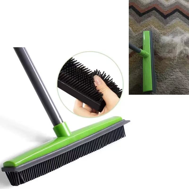 Pet Hair Removal Broom Carpet Rake Rubber Broom with Squeegee Rug Rake to Fluff Carpet