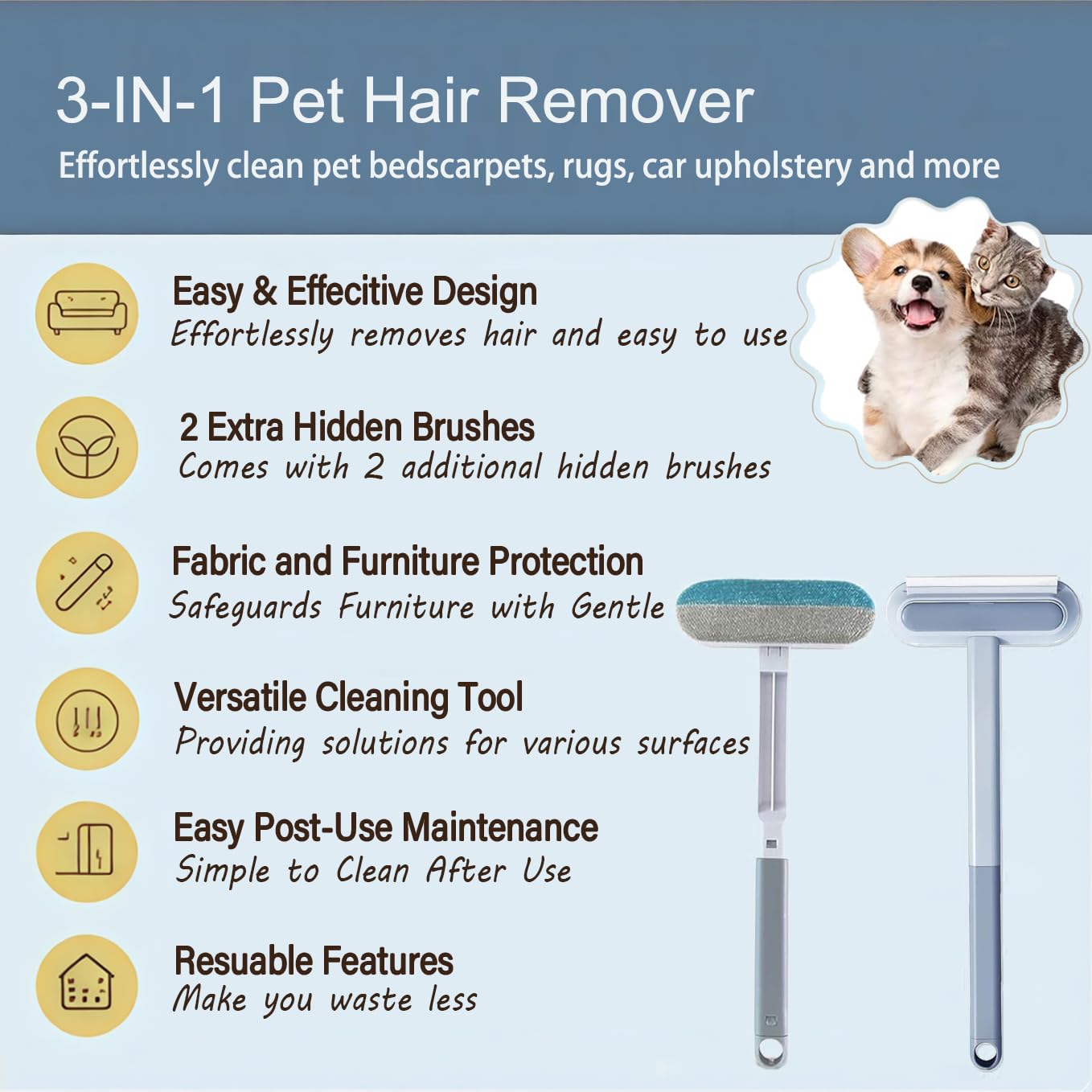 Hair Cleaning Removal Brush with Extra Long Handle for Furniture