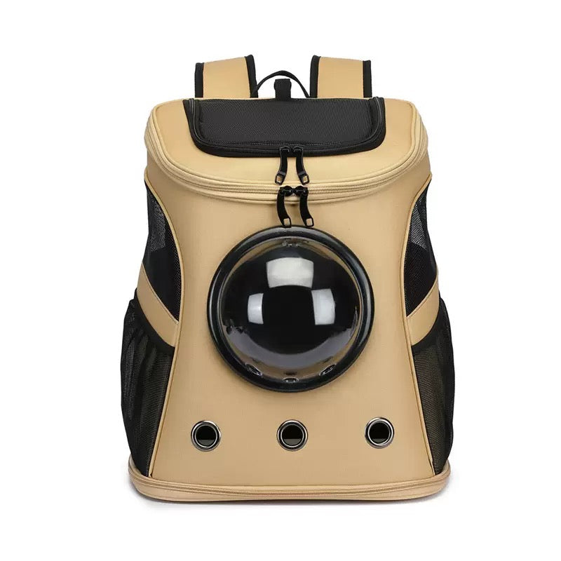 The cat travel bag is carried on both shoulders and is brown