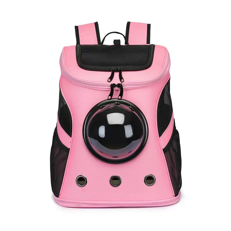 The cat travel bag is carried on both shoulders and is pink